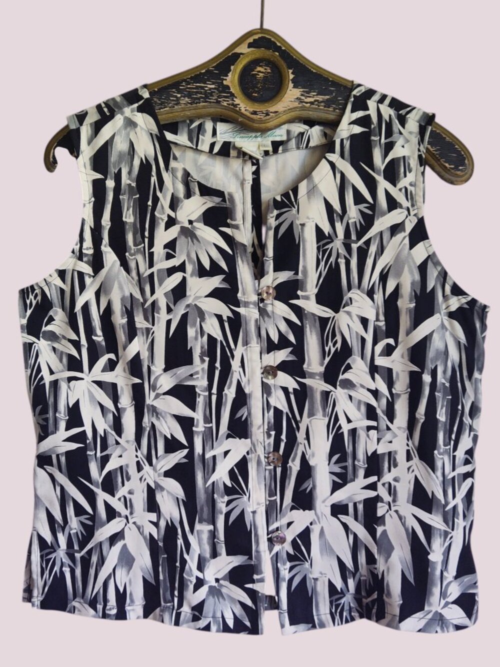 Vintage Pineapple Moon Tropical Botanical Bamboo Print Silk Shell Buttons Top L